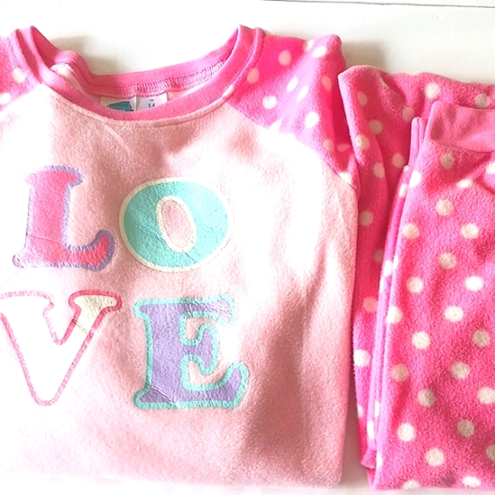 NWOT LOVE Pajama Set Girl's Pink/White Long Sleeve Top 14 Bottom 10/12